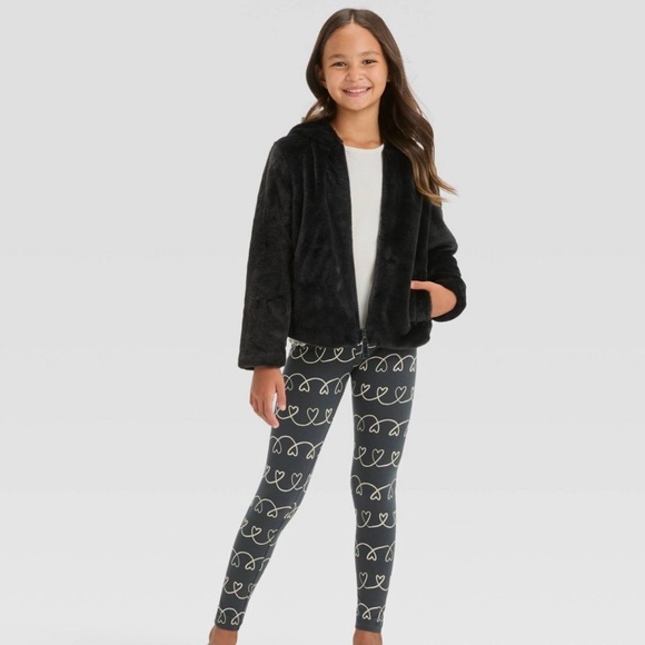 Cat & Jack Black Faux Fur Waist Length Girls Jacket w/hood Size L - Picture 9 of 9